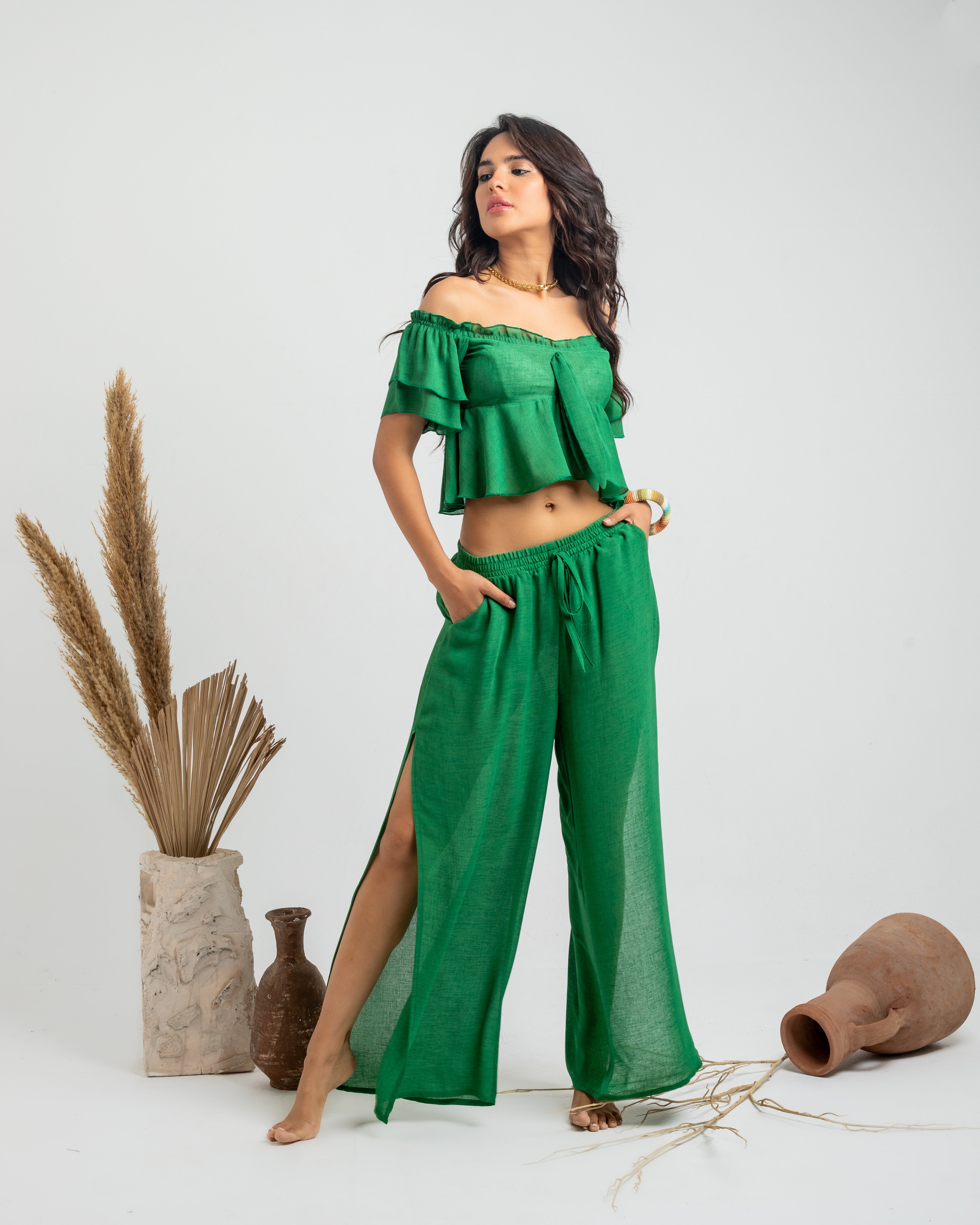 Sleeveless Top and Pants Chiffon Set with Shawl Mint Green main image 0
