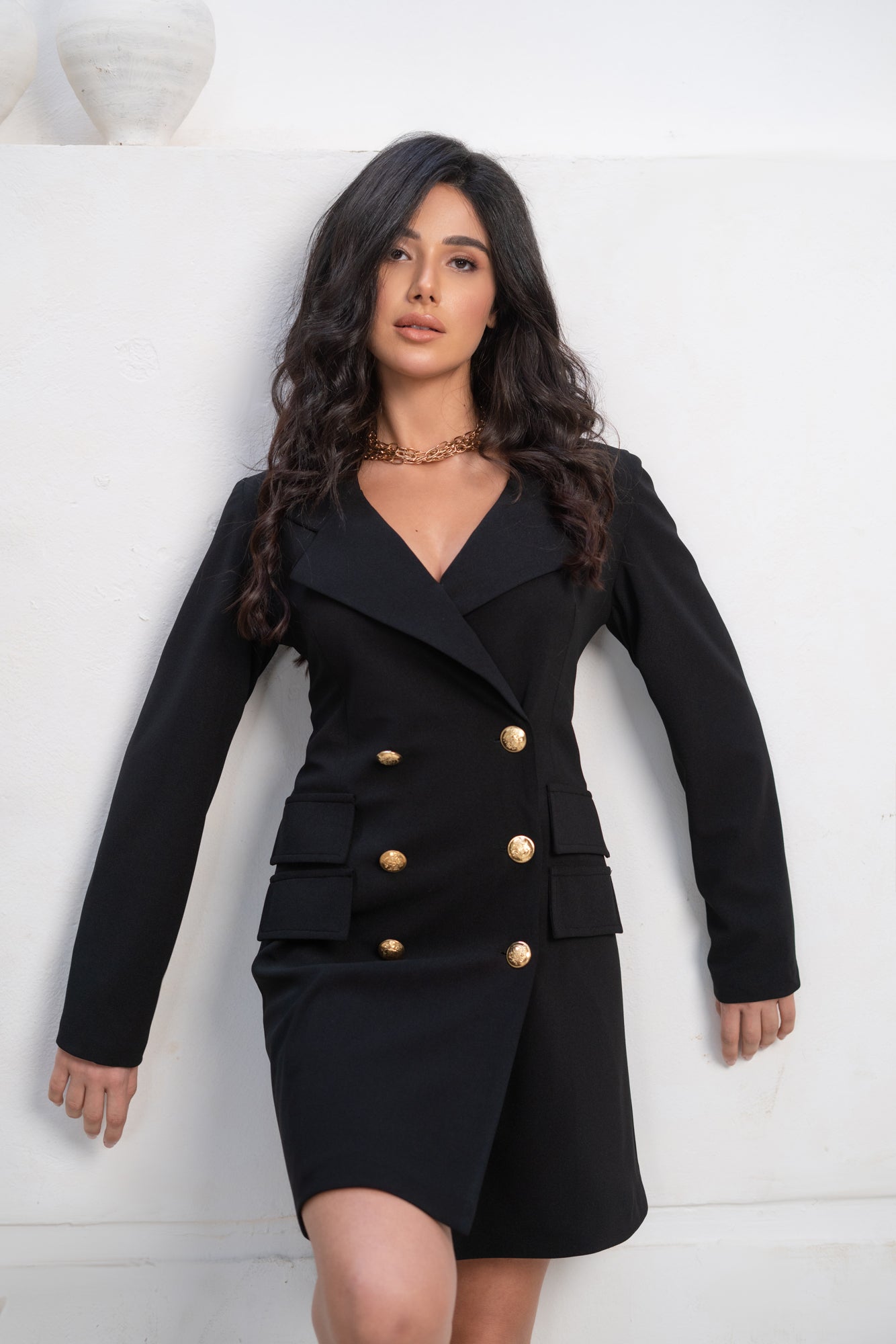 Black blazer dress outlet with gold buttons